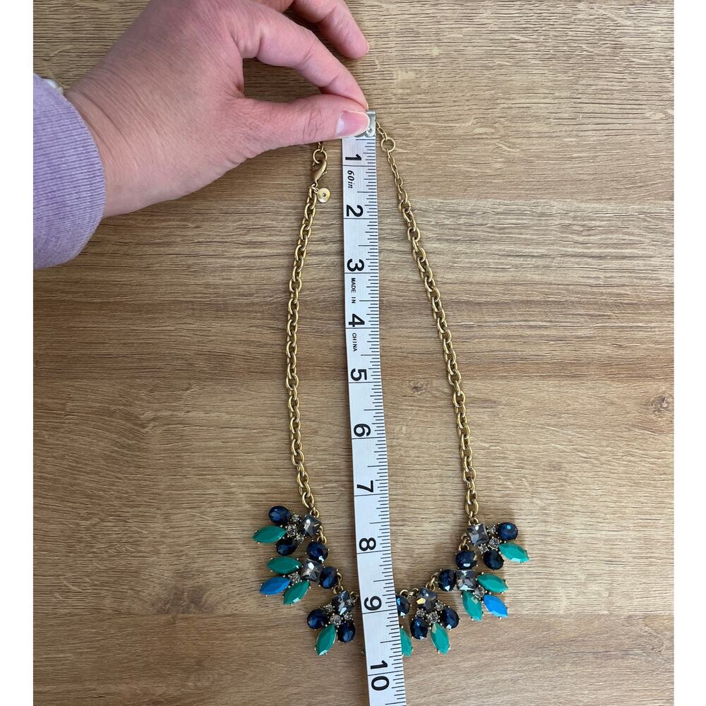 Vintage J Crew Gold Tone Statement Necklace Green Blue Rhinestones 21" - Picture 4 of 4
